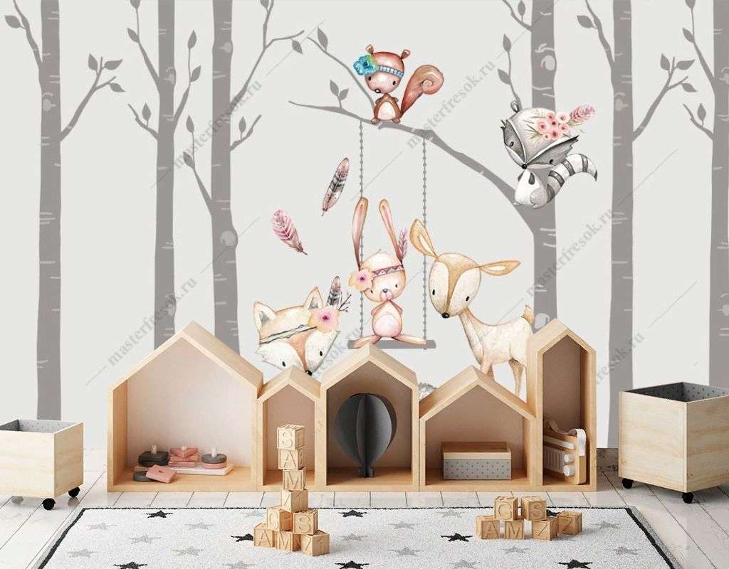 Фотообои в интерьере милые животные на качелях  14-517 фото