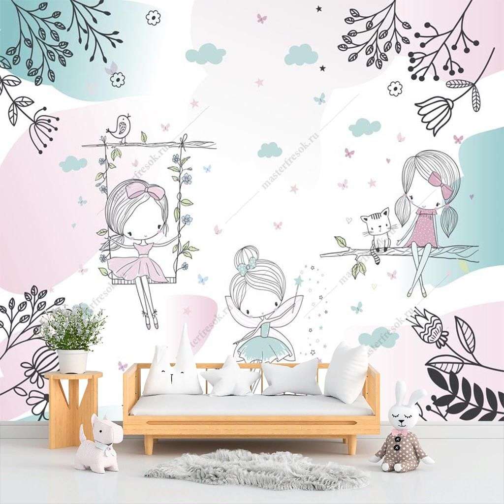 Фотообои в интерьере три феи на прогулке  14-639 фото