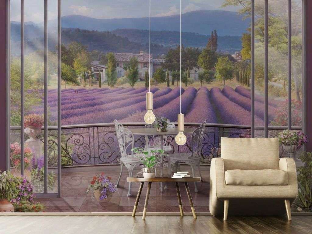Фотообои в интерьере терраса и лавандовое поле  17-7163 фото