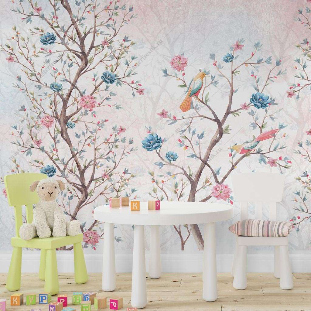 Фотообои в интерьере птицы на цветущем дереве  14-474 фото