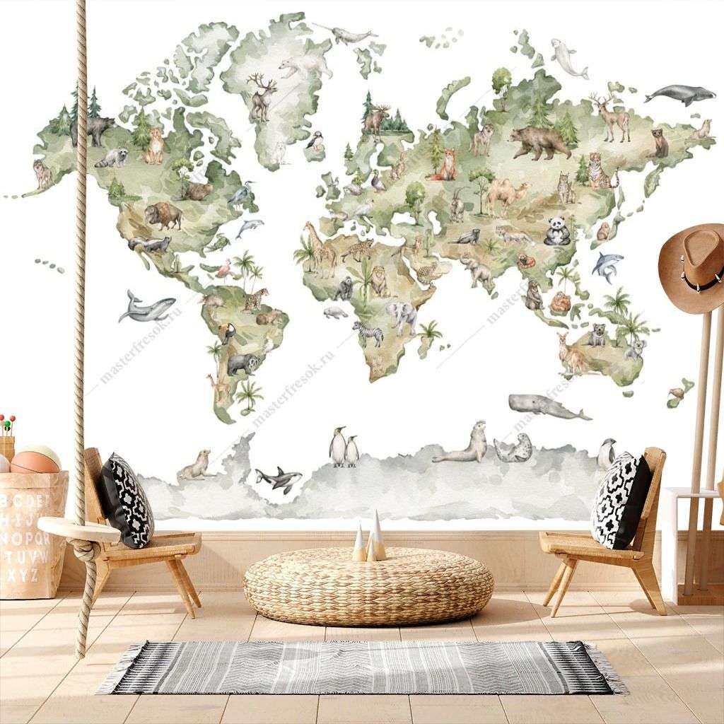 Фотообои в интерьере животные на карте мира  14-593 фото