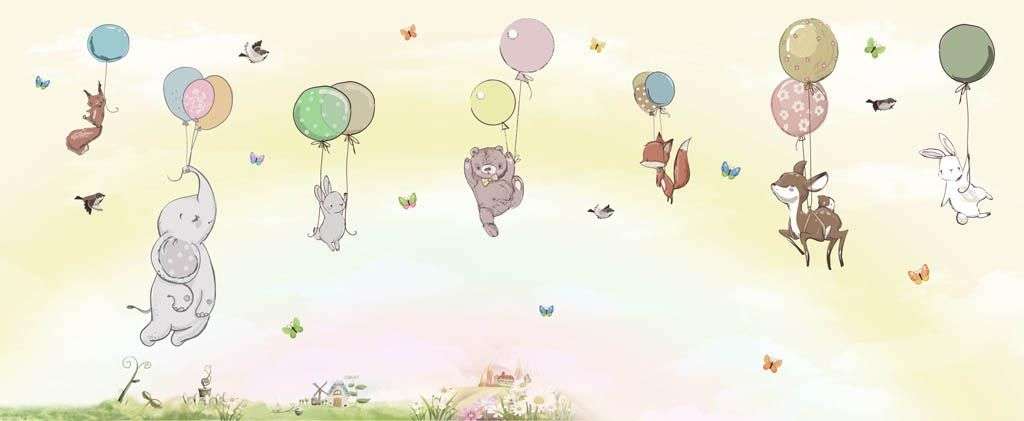 Фотообои в интерьере милые зверята на воздушном шаре  12-1203 фото