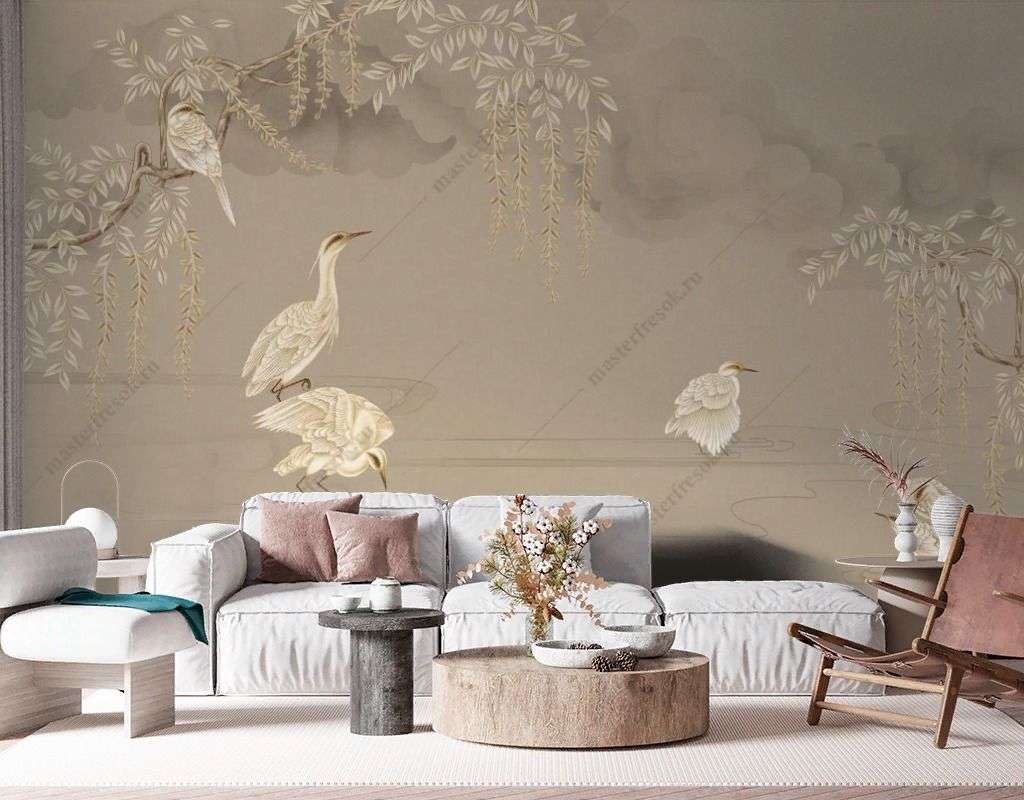 Фотообои в интерьере золотые журавли  9-1691 фото