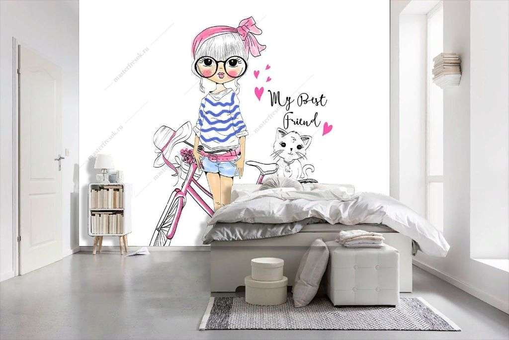 Фотообои в интерьере модная девочка с велосипедом  12-1442 фото