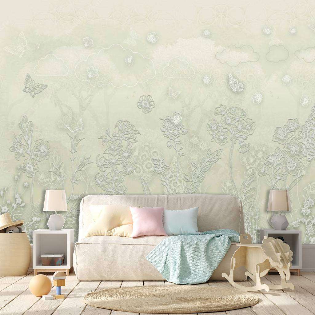 Фотообои в интерьере зеленое поле с цветами  13-120 фото