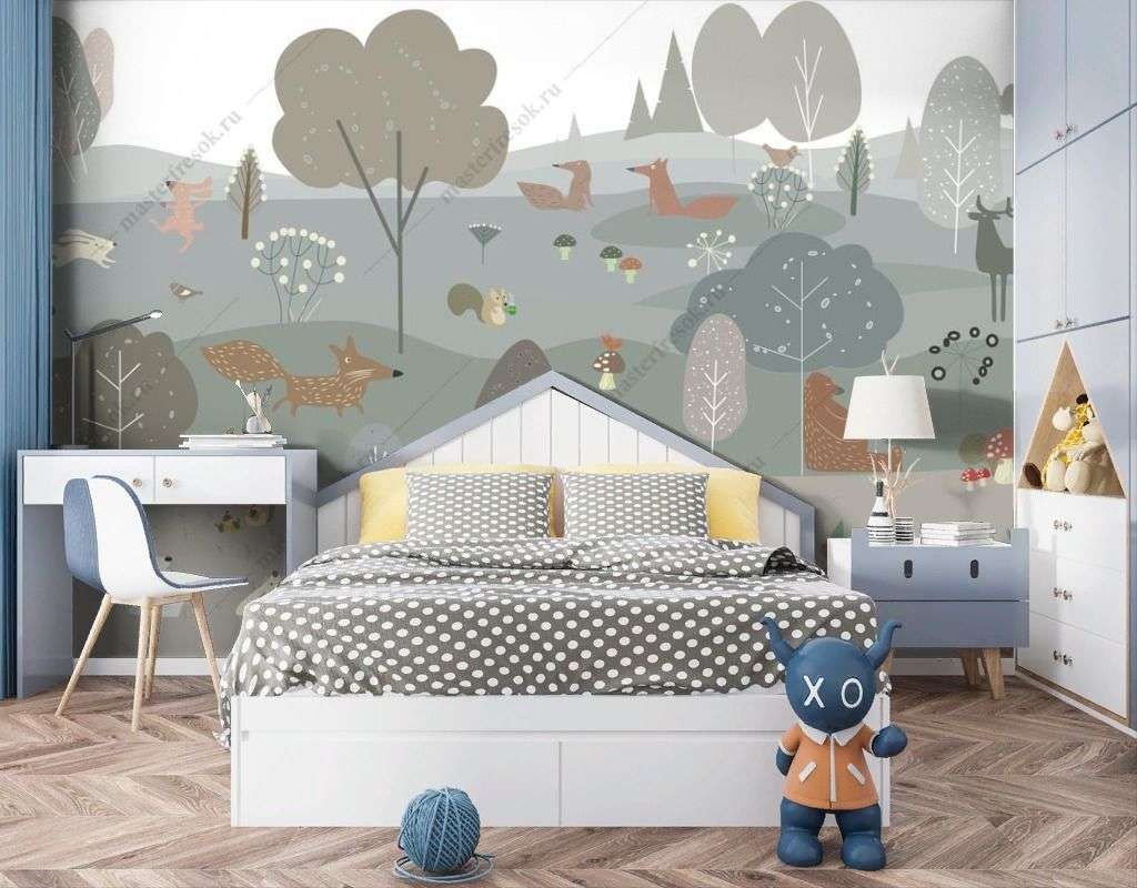 Фотообои в интерьере полянка с животными рисунок  12-1512 фото