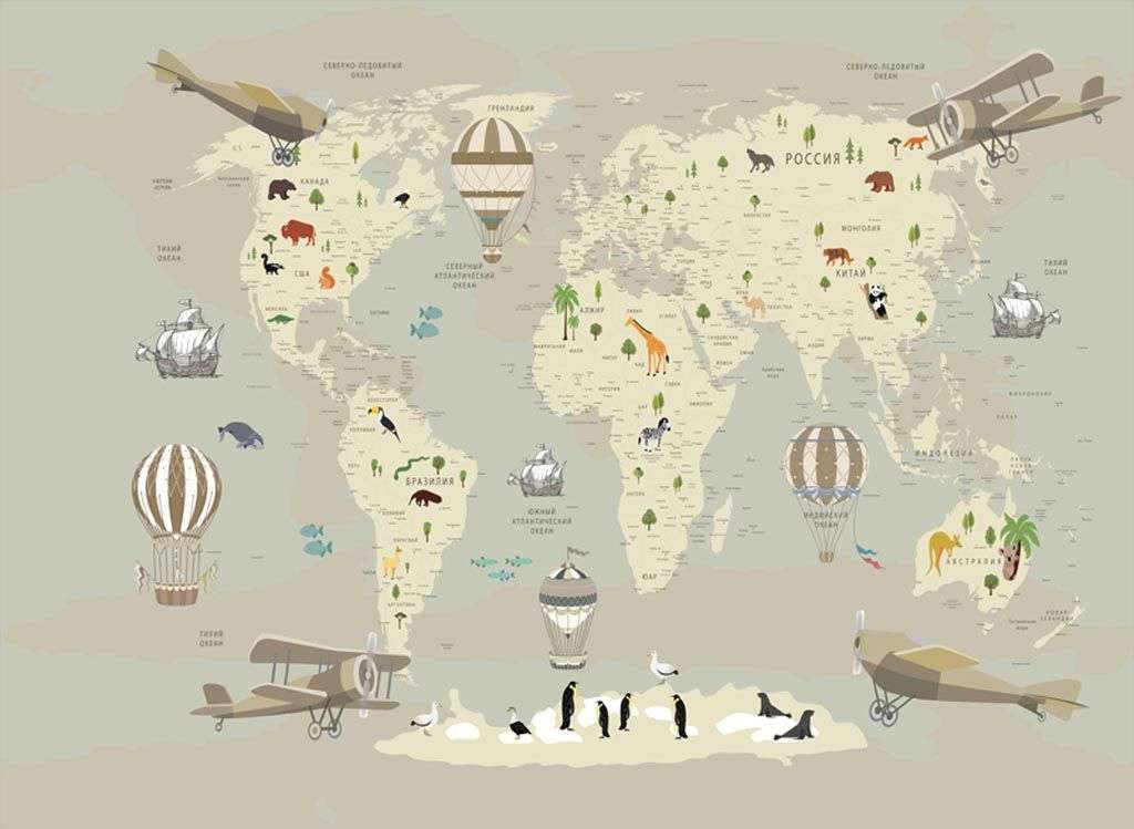 Фотообои в интерьере карта мира детская бежевая  12-974 фото