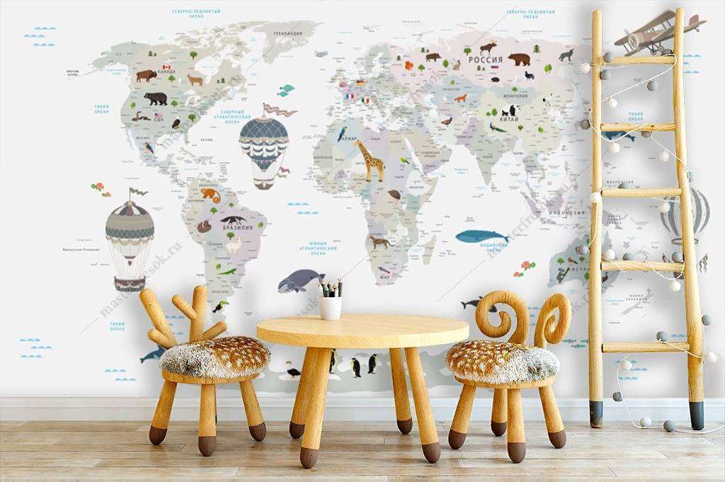 Фотообои в интерьере карта мира светло серая  12-1015 фото