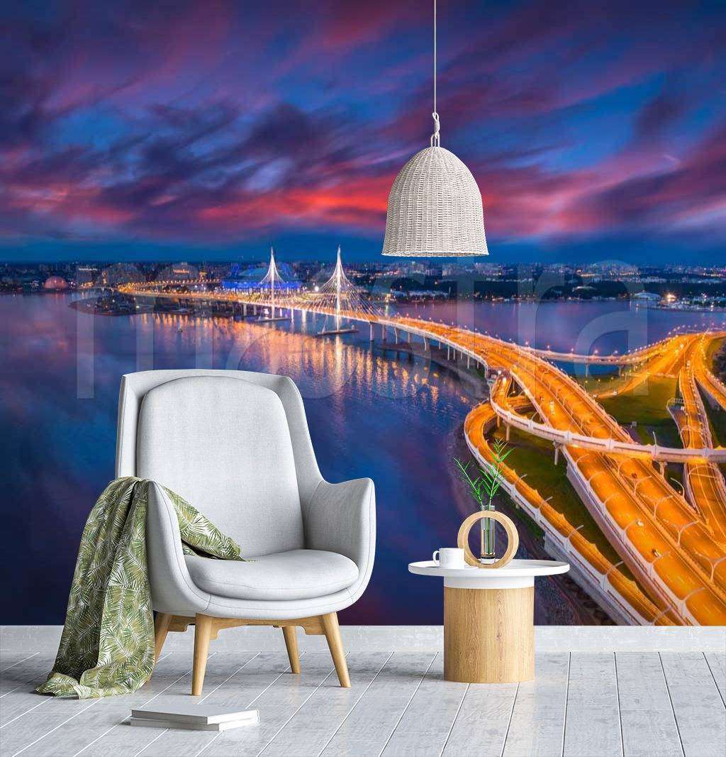 Фотообои в интерьере ночные огни на мосту в санкт петербурге  9-627 фото