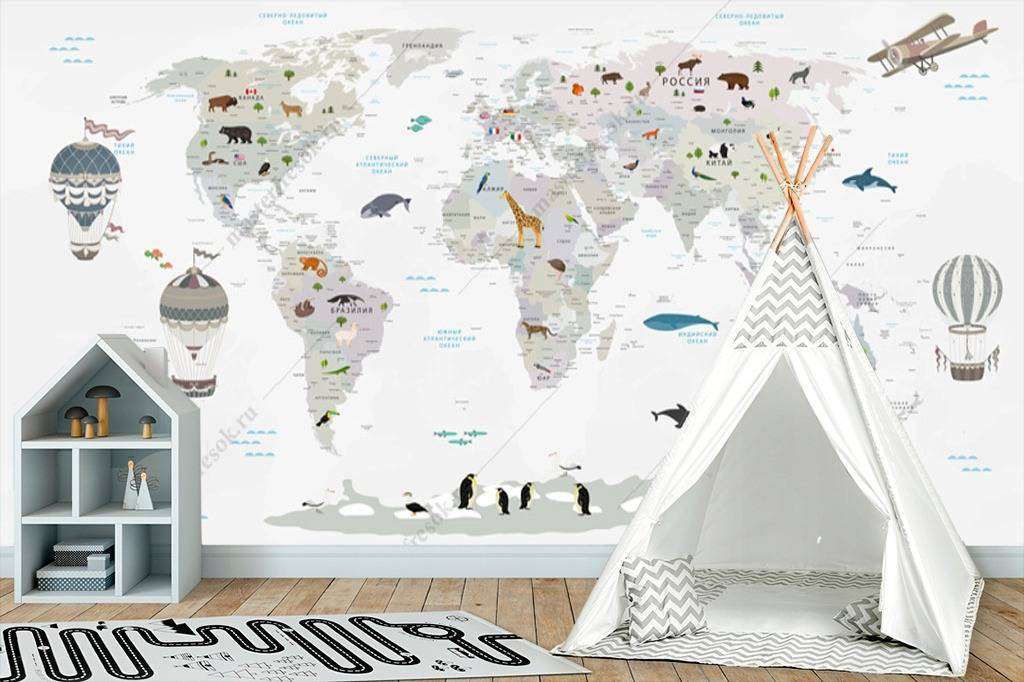 Фотообои в интерьере карта мира на русском большая  12-984 фото