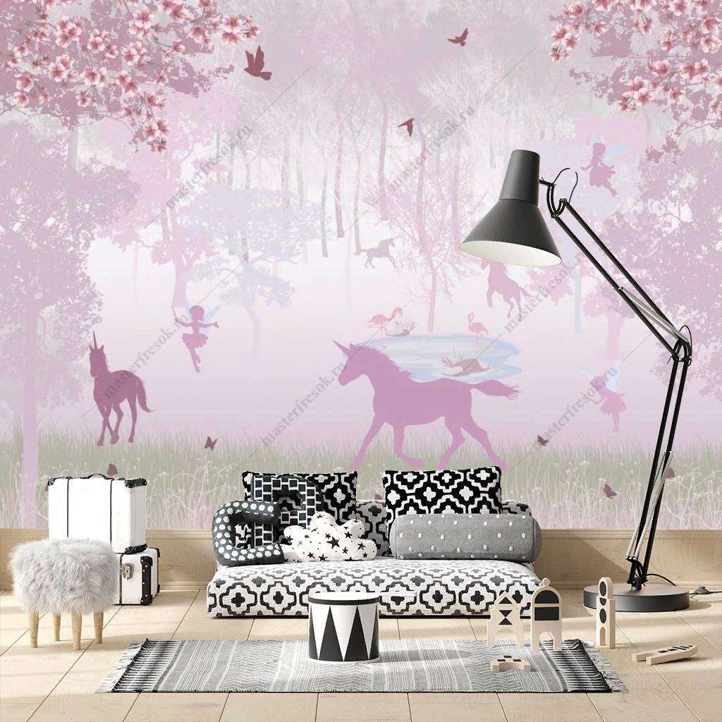 Фотообои в интерьере розовый лес  14-144 фото