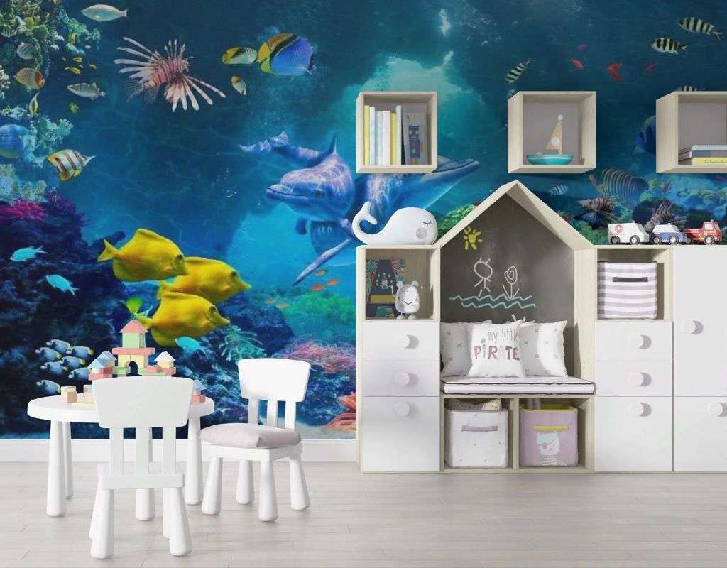 Фотообои в интерьере подводный мир с дельфинами  17-6702 фото