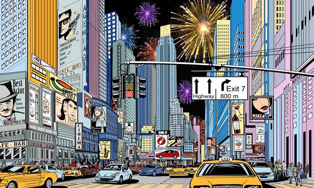 Фотообои в интерьере комикс город  14-240 фото