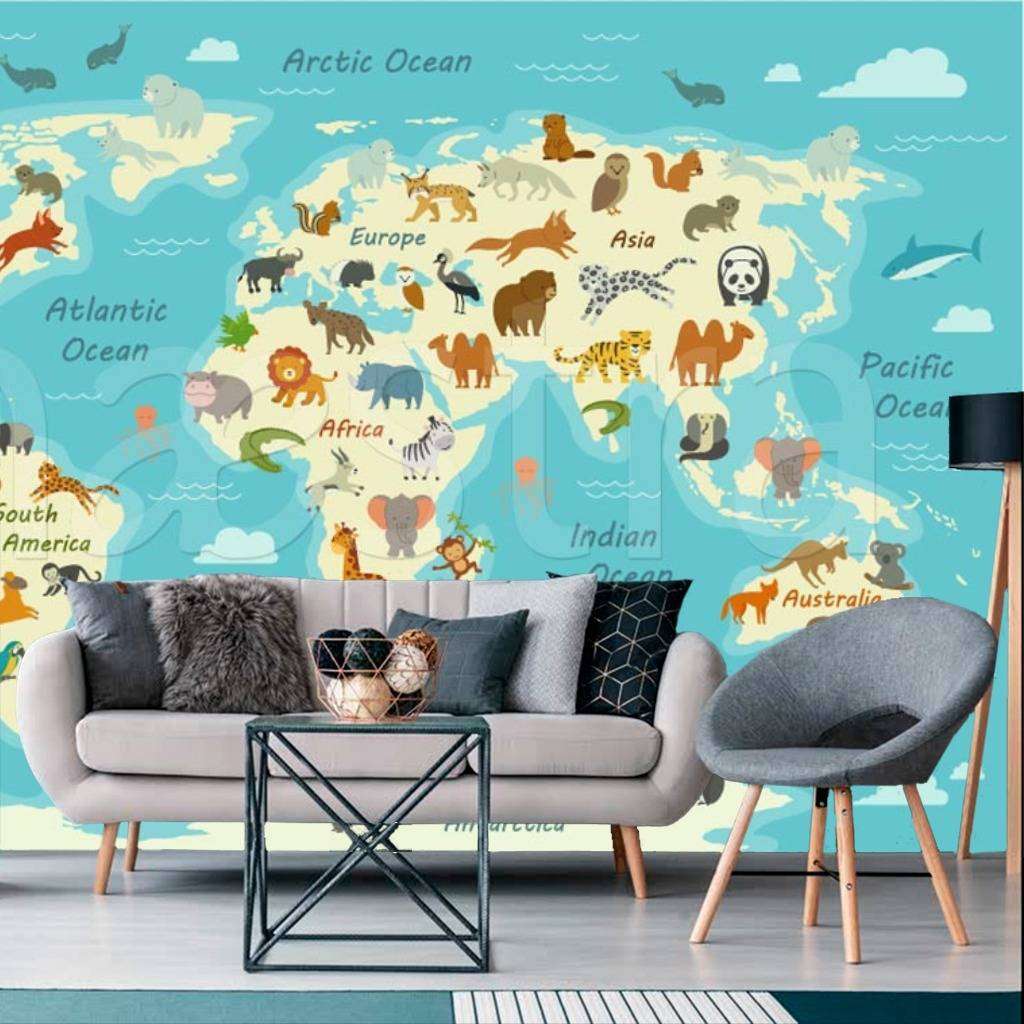 Фотообои Бесшовные обои на стену:  Детская карта с животными. Артикул: 12-397  