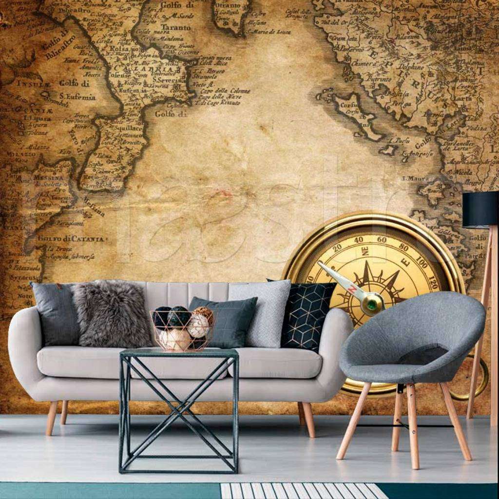 Фотообои в интерьере карта с компасом на английском языке  9-429 фото