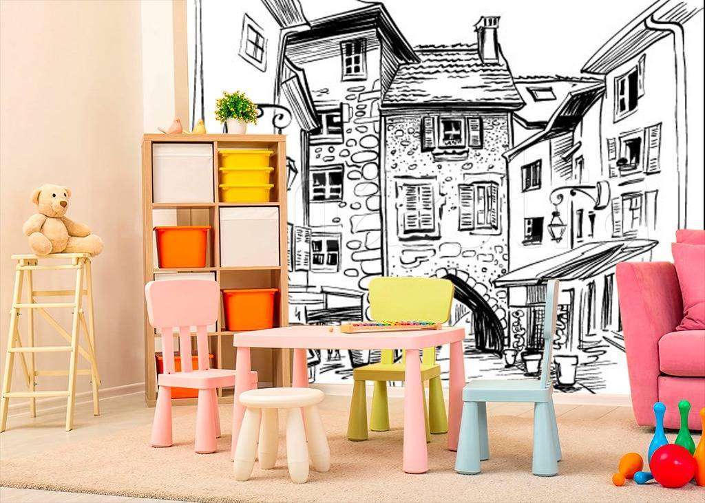 Фотообои в интерьере домики рисунок графика  12-500 фото