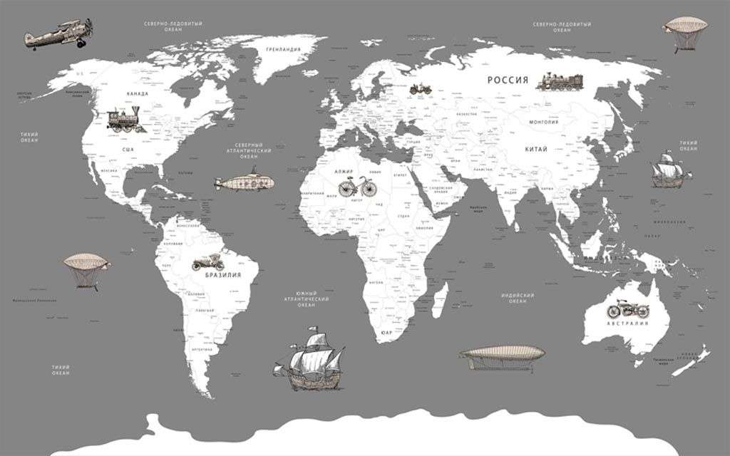 Фотообои в интерьере карта мира белая на сером фоне  12-988 фото