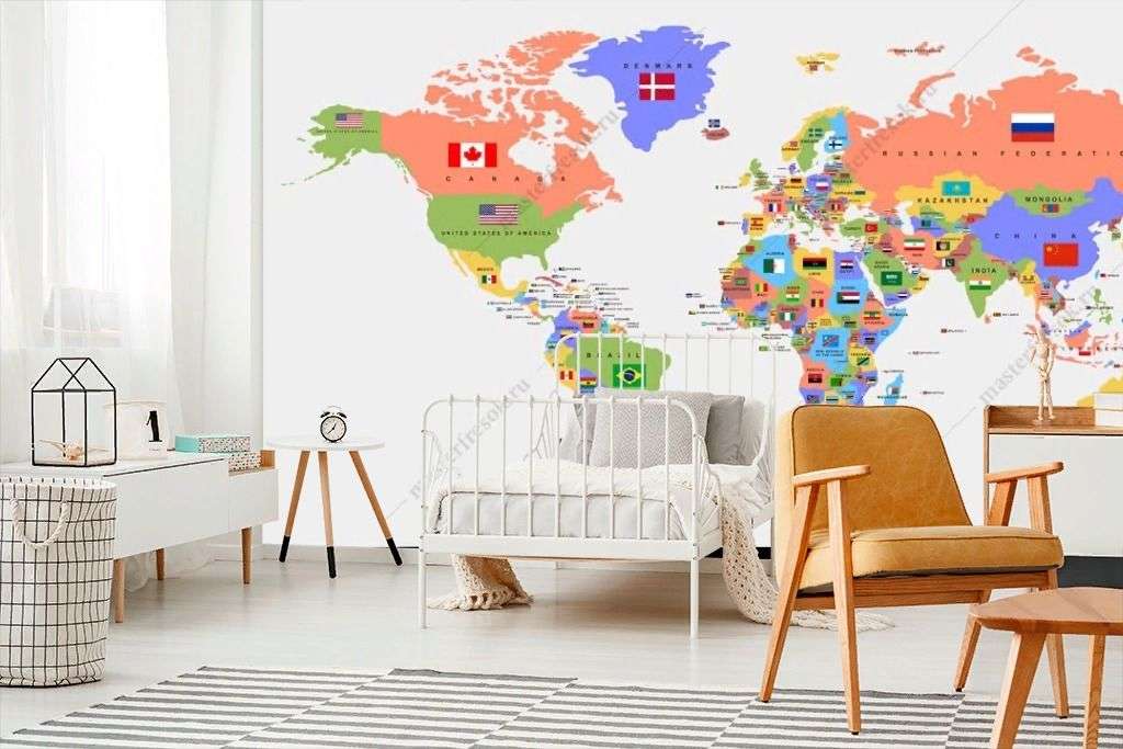 Фотообои в интерьере цветная политическая карта  14-586 фото