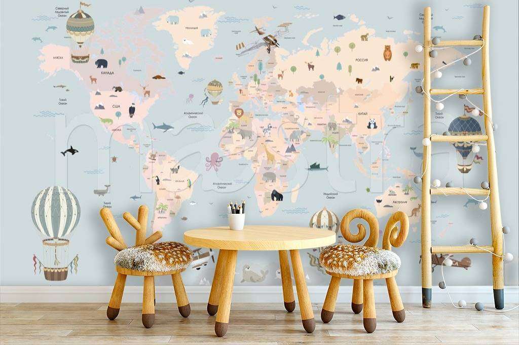 Фотообои Бесшовные обои на стену:  Детская карта мира с воздушными шарами. Артикул: 7-631  