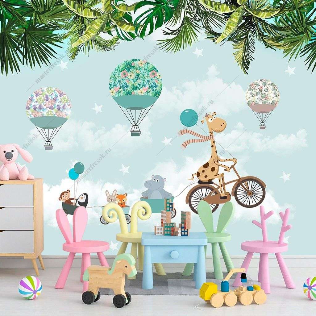 Фотообои в интерьере веселые зверята в тропиках  12-1461 фото