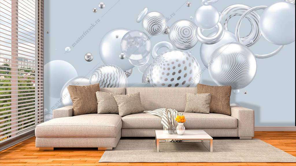 Фотообои в интерьере 3д шары на голубом фоне  10-784 фото