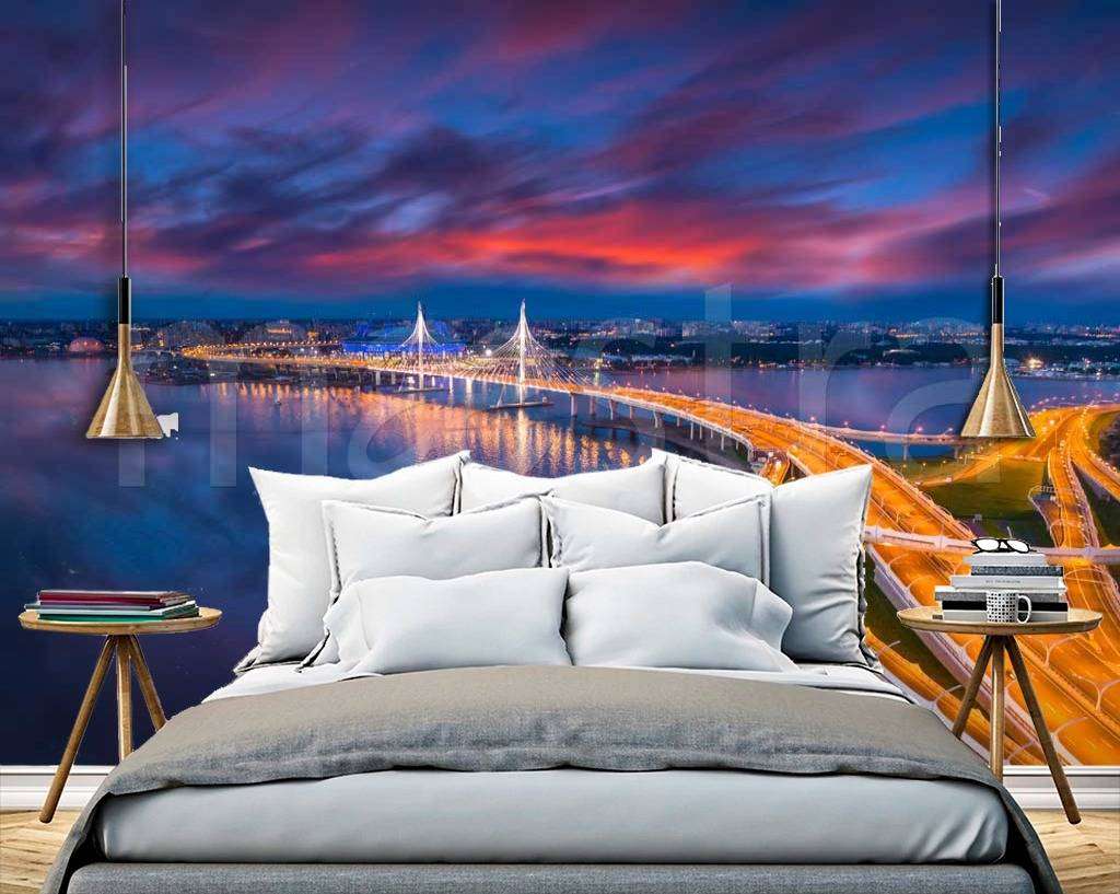 Фотообои в интерьере ночные огни на мосту в санкт петербурге  9-627 фото