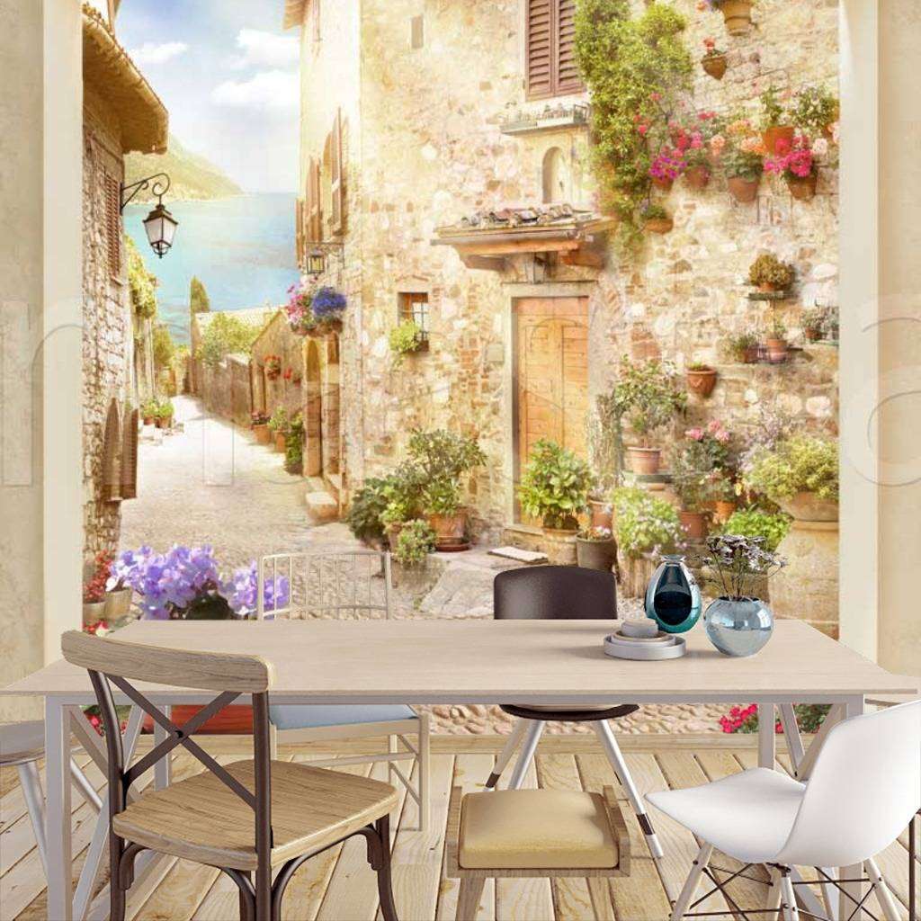 Фотообои в интерьере окно с видом на улочку и цветок  11-185 фото