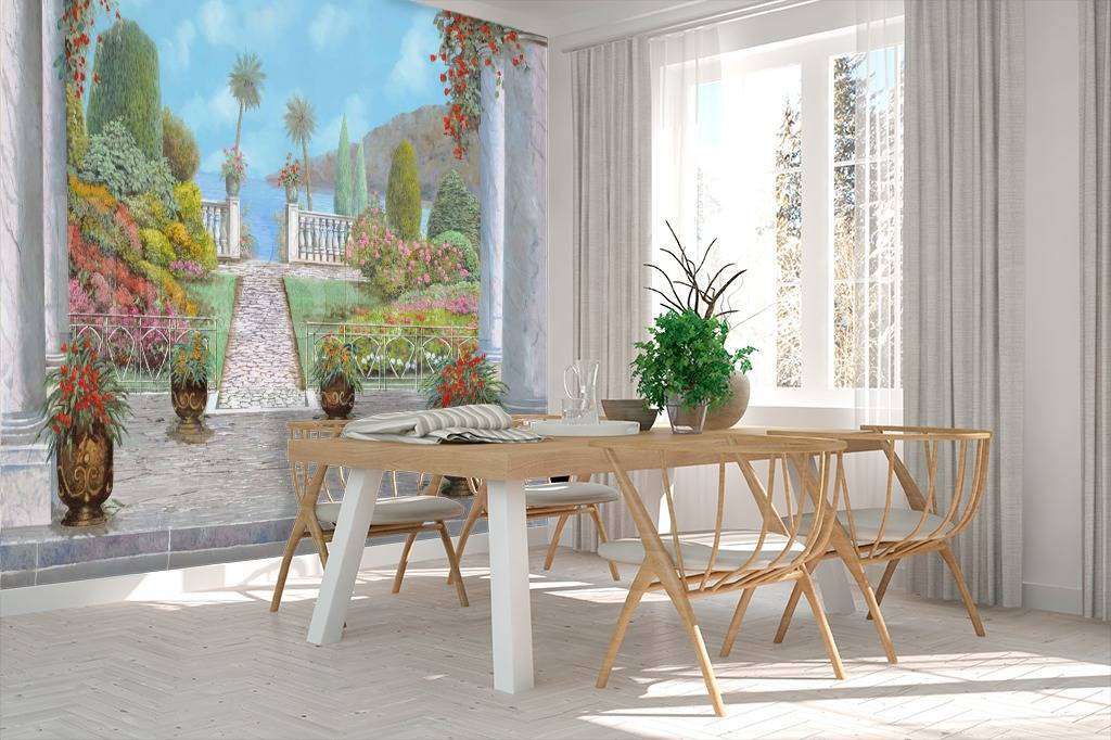 Фотообои в интерьере вид на колонны с выходом к морю  8-057 фото