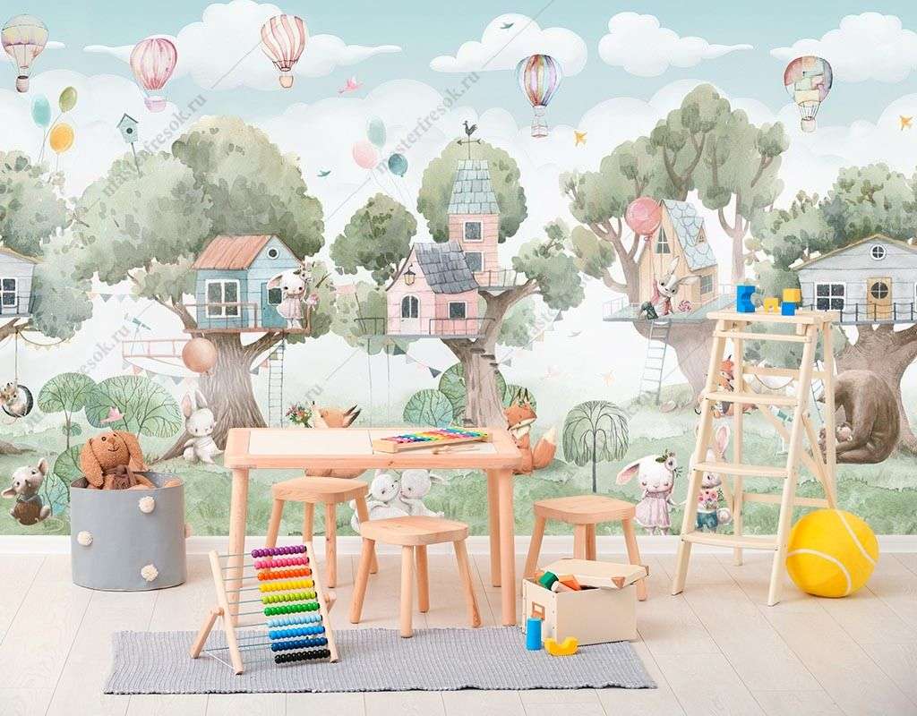 Фотообои в интерьере деревья и животные с домиками  14-371 фото