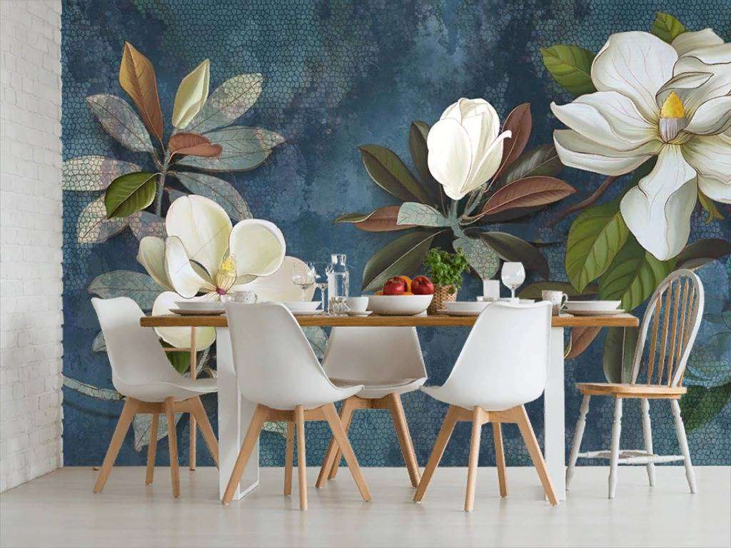 Фотообои в интерьере магнолия на синем фоне  10-870 фото