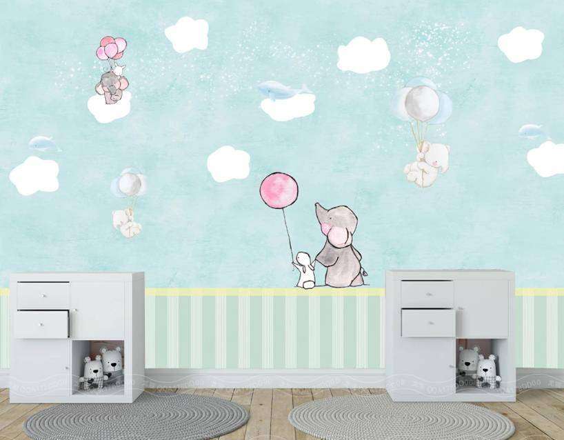 Фотообои в интерьере воздушные шарики и три слоника  15-296 фото
