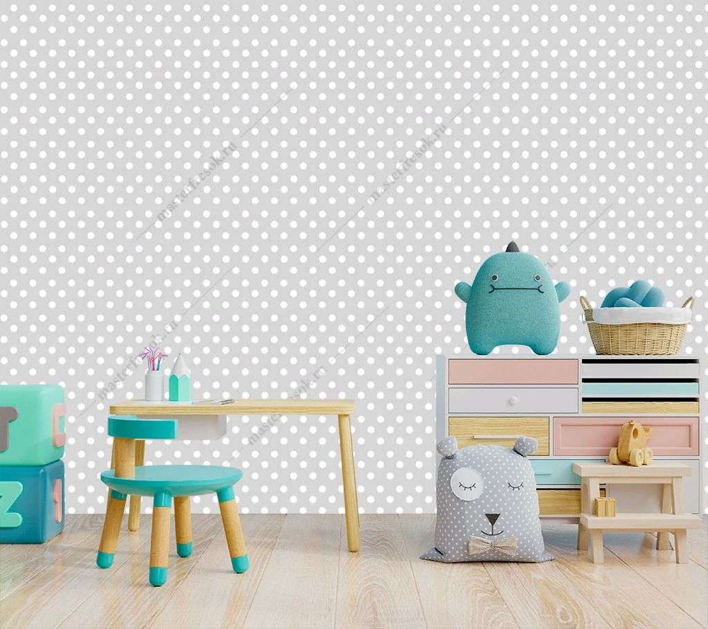 Фотообои в интерьере серый фон в горошек  14-620 фото