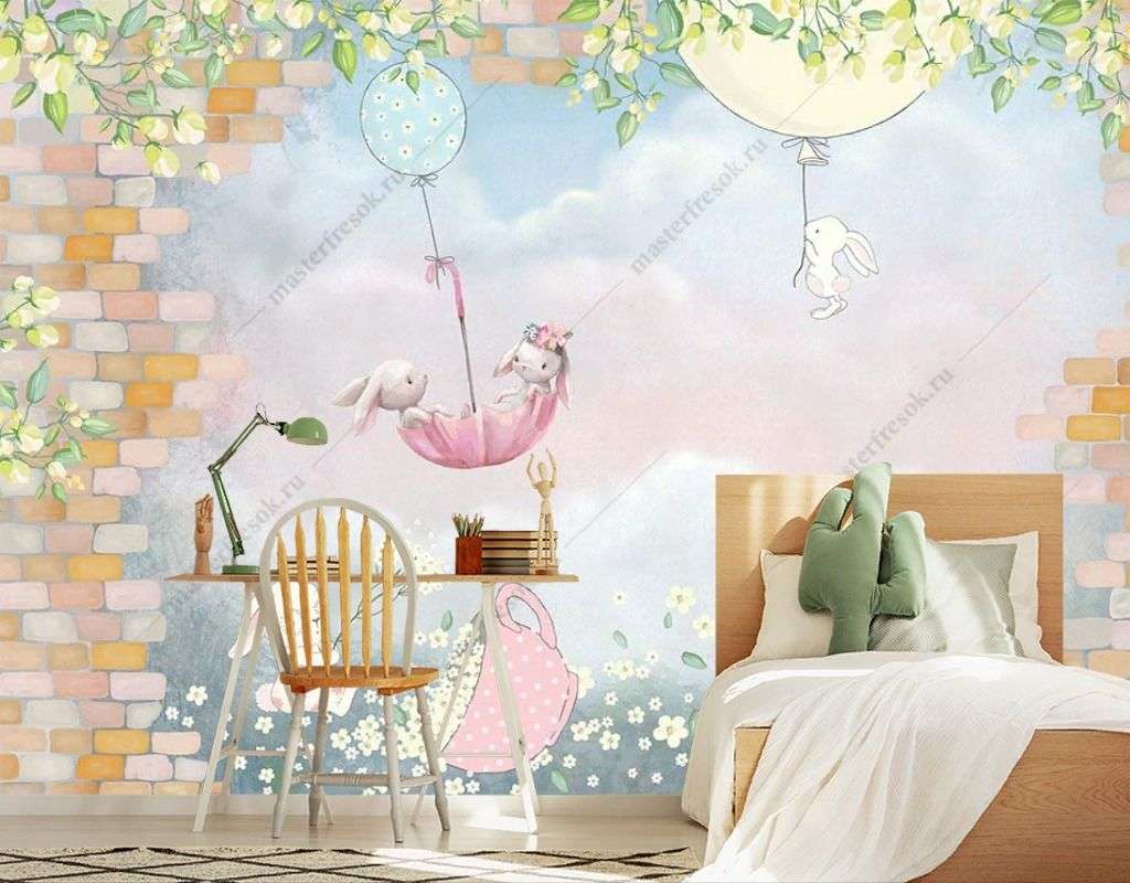 Фотообои в интерьере зайки в зонтике и крпичная стена  14-643 фото