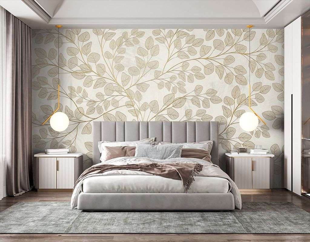Фотообои в интерьере в спальню листочки на бежевом фоне  9-1981 фото