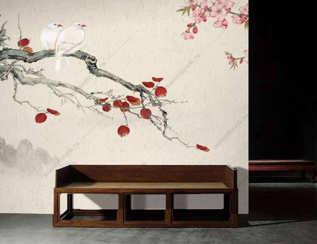 Фотообои в интерьере белые птицы на ветке  15-935 фото