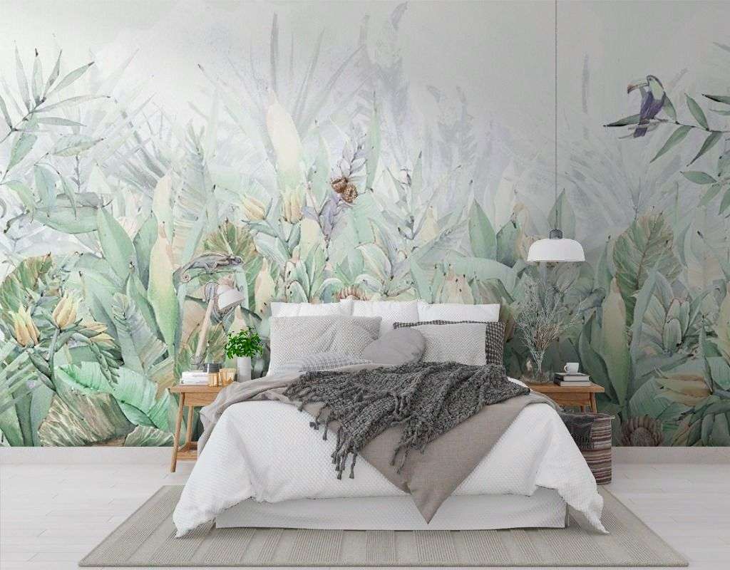 Фотообои в интерьере в спальню цветы зеленые  9-2005 фото
