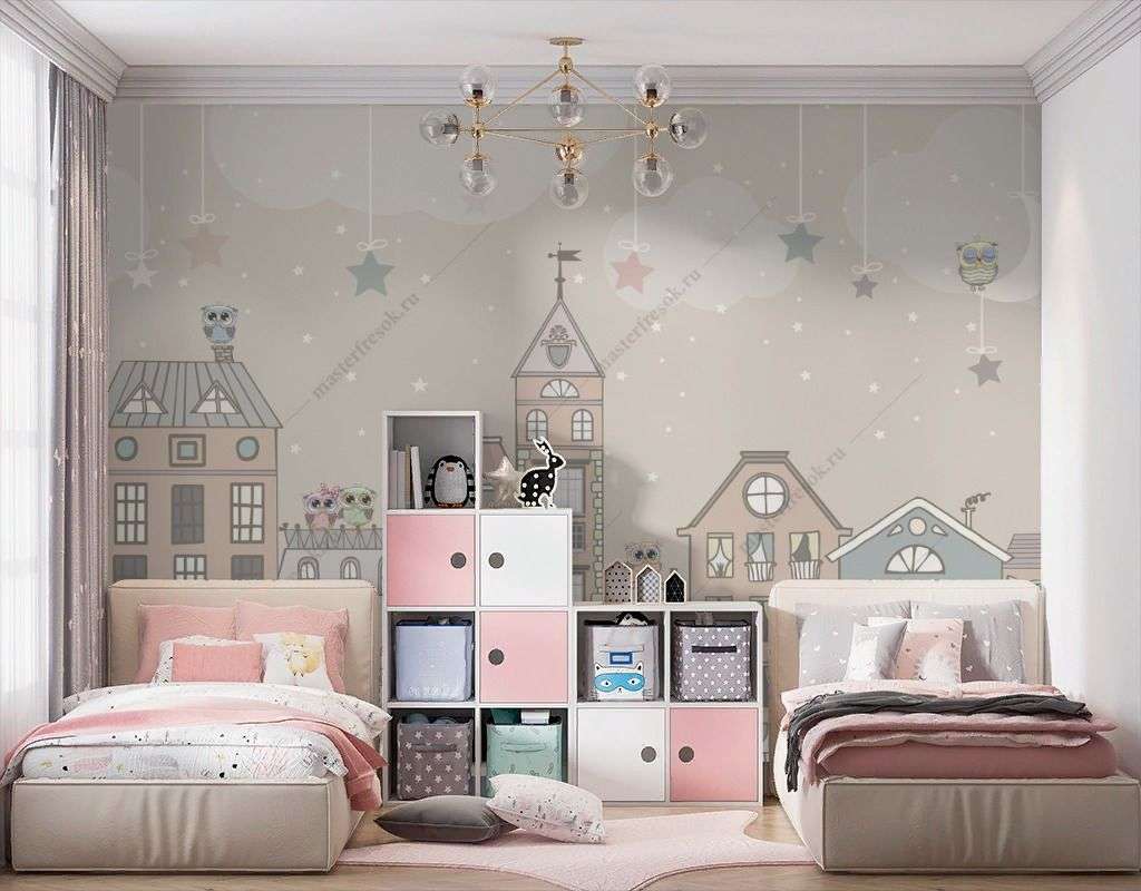 Фотообои в интерьере городок на бежевом фоне  14-533 фото