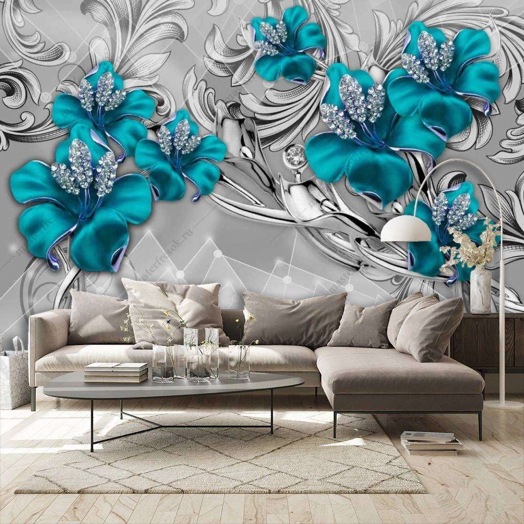 Фотообои в интерьере 3д драгоценные цветы  10-854 фото