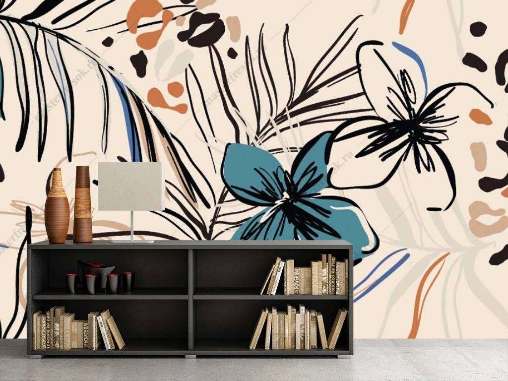 Фотообои в интерьере цветы на бежевом фоне  9-1120 фото