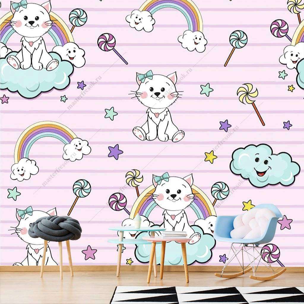 Фотообои в интерьере котята на облаках на розовом фоне  12-414 фото