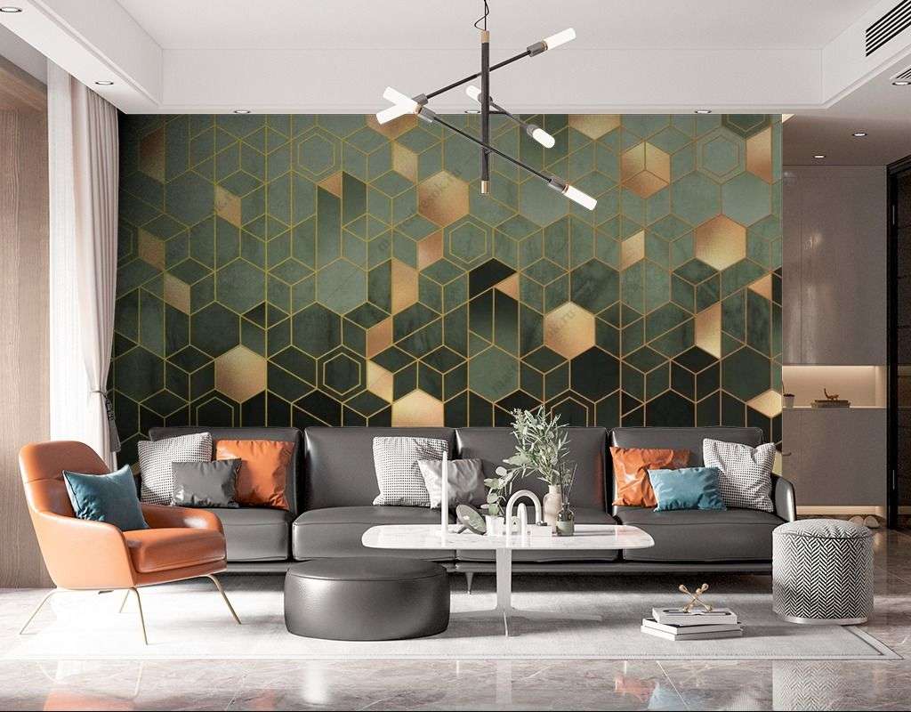 Фотообои в интерьере геометрия шестиугольники золотые  9-1511 фото