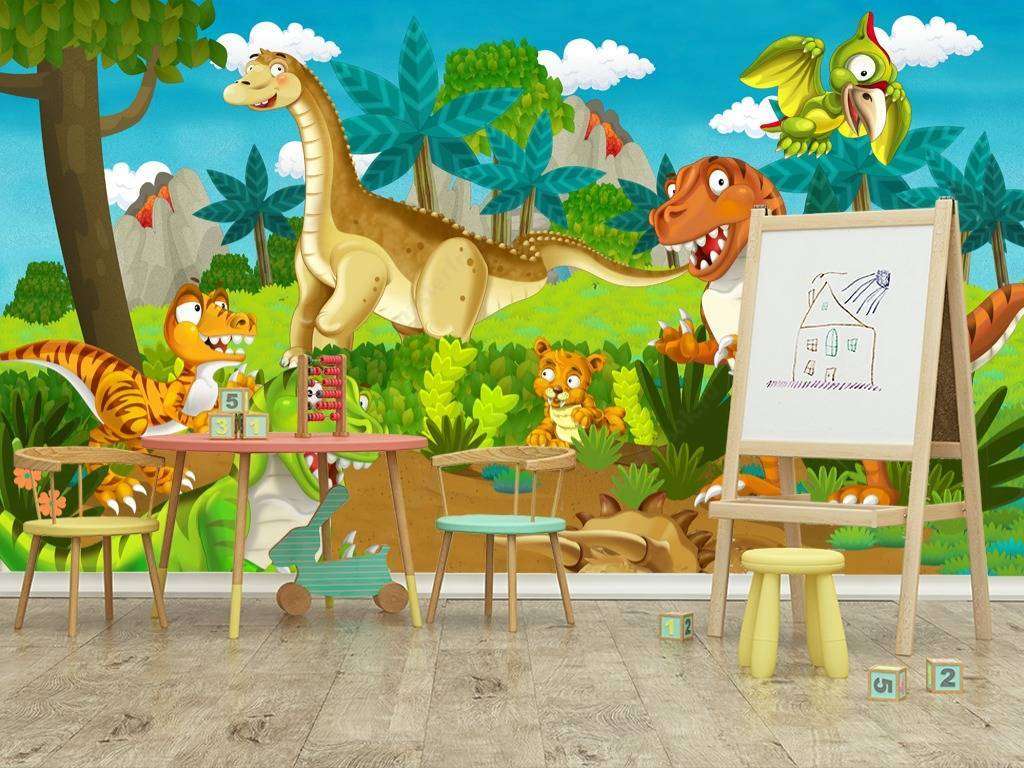 Фотообои в интерьере динозавр в джунглях  12-646 фото