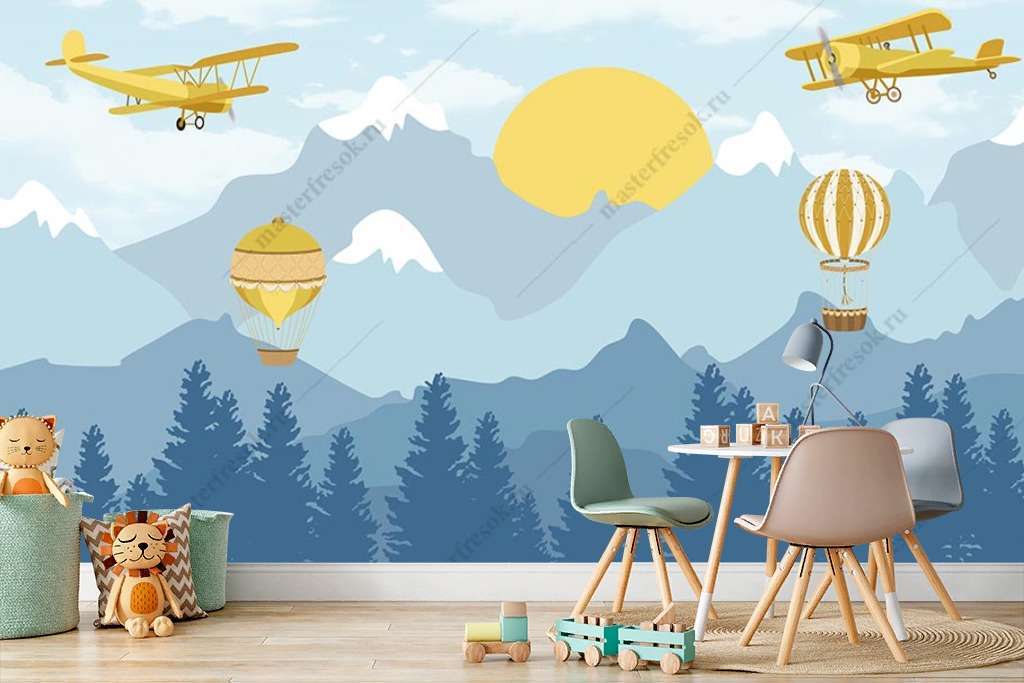 Фотообои Бесшовные обои на стену:  Воздушные шары в голубых горах. Артикул: 12-1303  