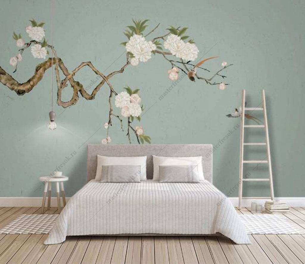 Фотообои в интерьере веточка цветущего миндаля  15-900 фото