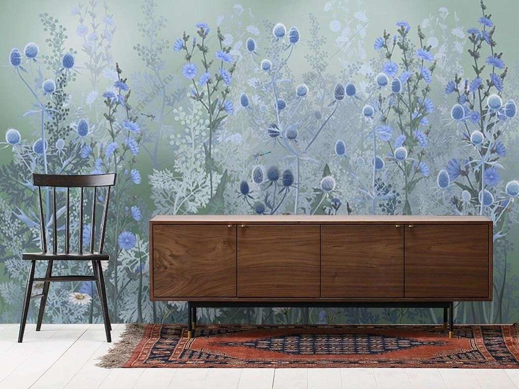 Фотообои в интерьере полевые цветы на сером фоне  13-626 фото