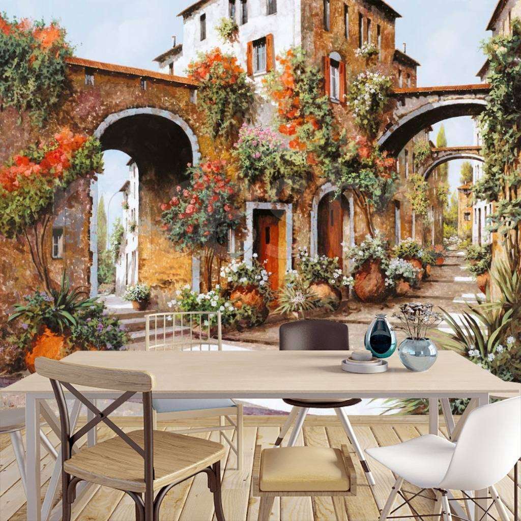 Фотообои в интерьере цветущая улочка с арками  8-025 фото
