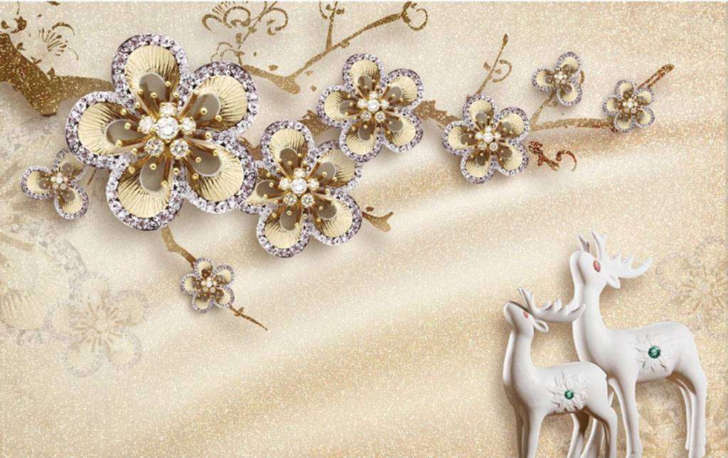 Фотообои в интерьере золотые цветы и олени  15-768 фото