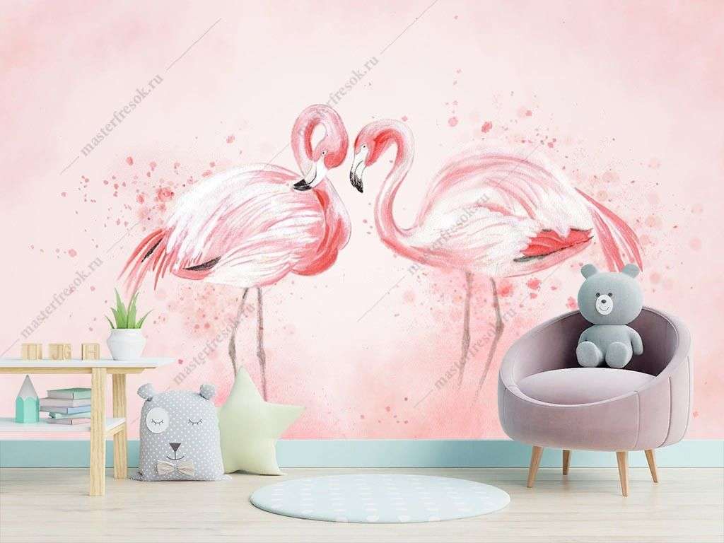 Фотообои в интерьере акварельный фламинго  14-324 фото