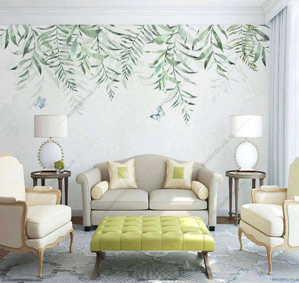 Фотообои в интерьере бабочки в листьях  16-182 фото