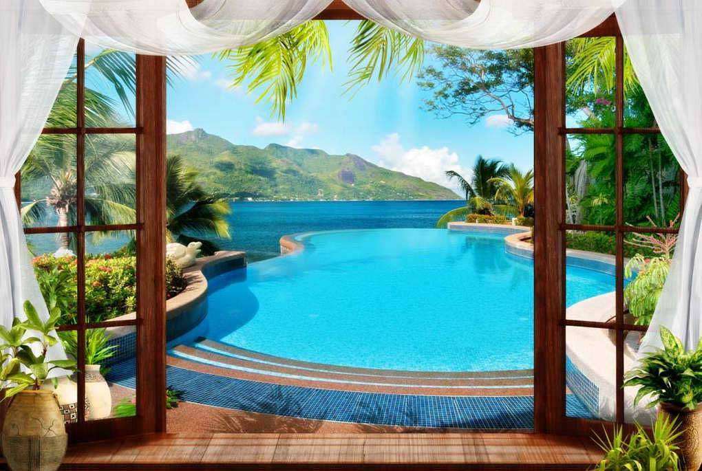 Фотообои в интерьере окно с выходом на бассейн  17-0048 фото